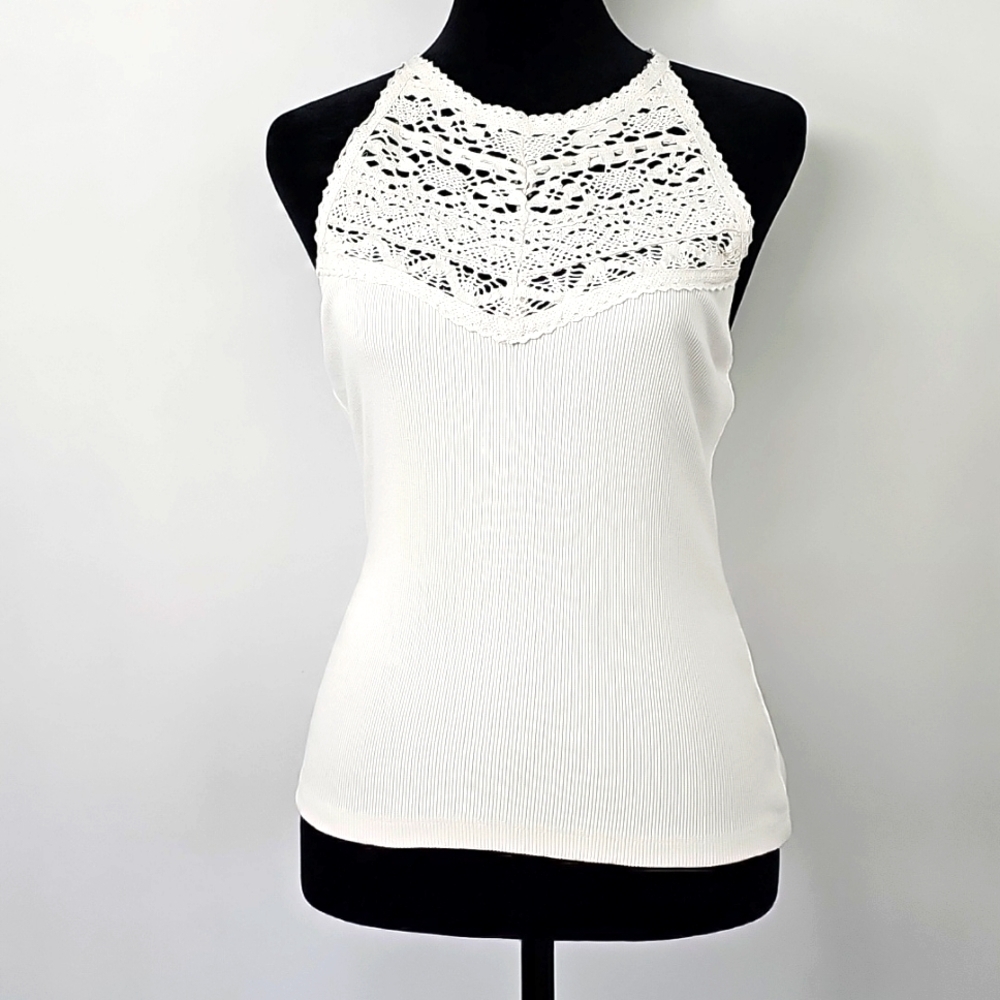 Free People Boho Crochet Halter Top w Lacey Tie Top Stretchy Ribbed Bottom Sz:L - Picture 8 of 9